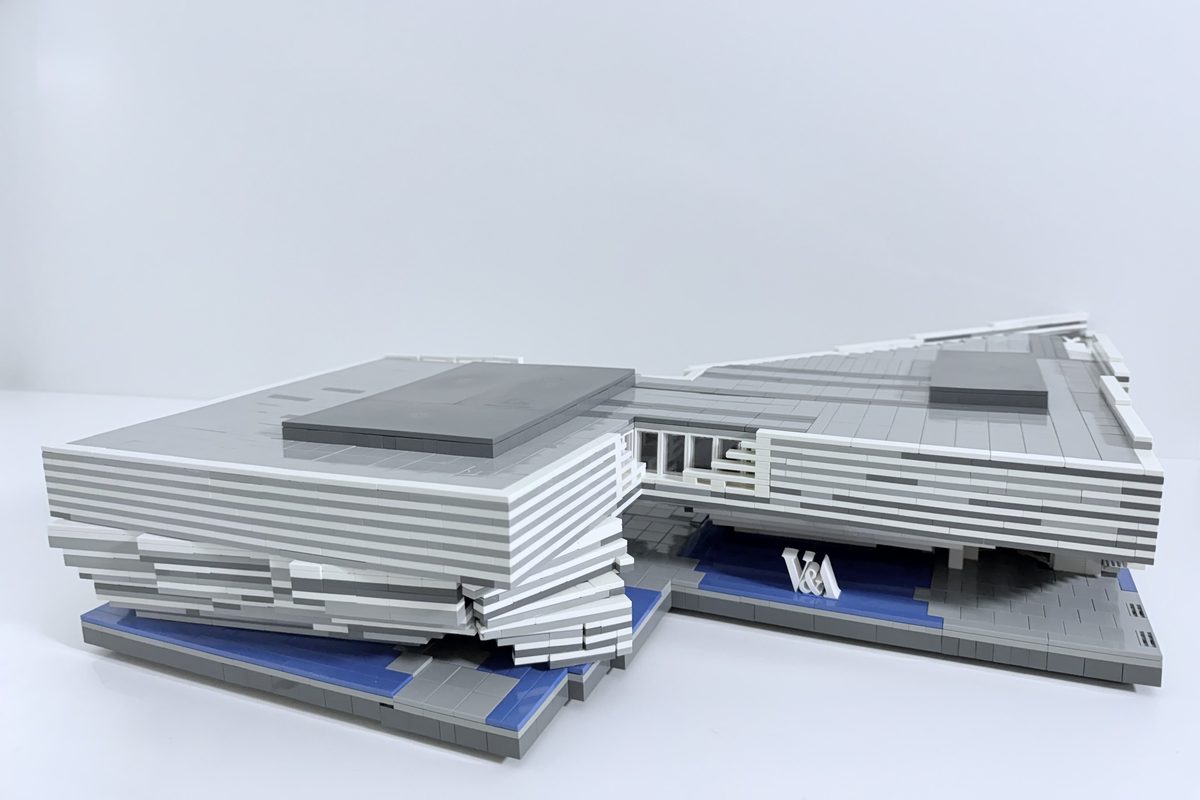 Both wings of the LEGO model from the waterfront, with the V&A lettering on the pool