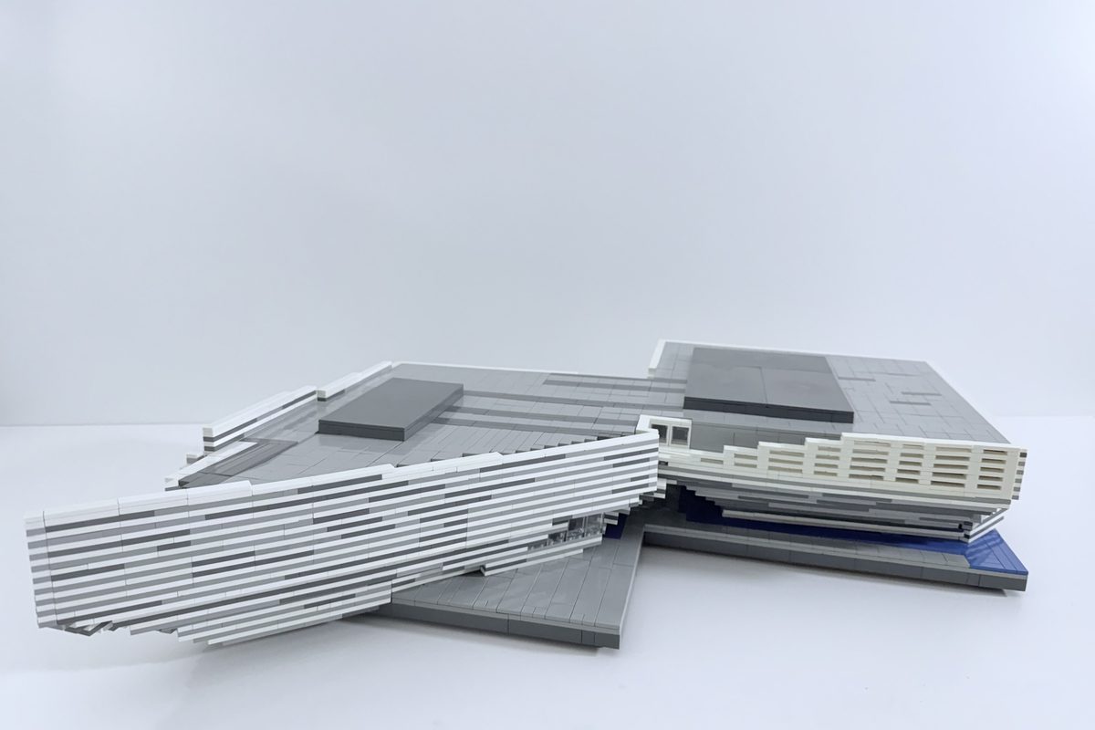 The complete LEGO model from above, showing both wings and the pointed prow